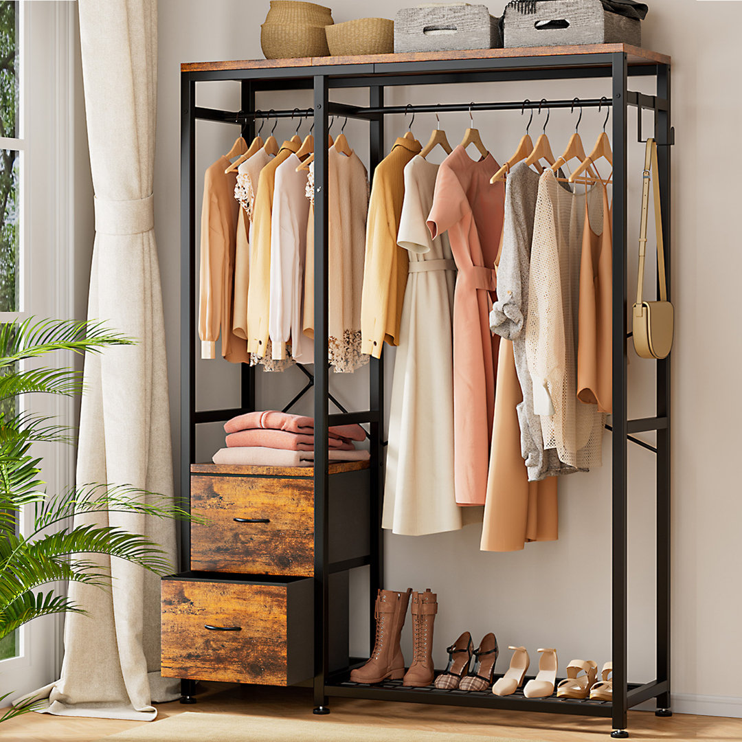 Rylaey 47.24'' Metal Clothes Rack, Heavy Duty Garment Rack for Hanging Clothes, Industrial Clothing Racks with Shelves, 2 Fabric Drawers, 4 Hooks, 2 Hanging Rods, Freestanding Closet Organizer